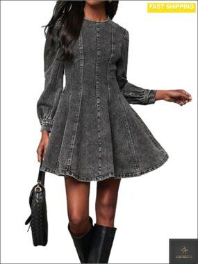 Women's Long Sleeve Denim Mini Dress Crewneck High Waist A Line Jean Dress